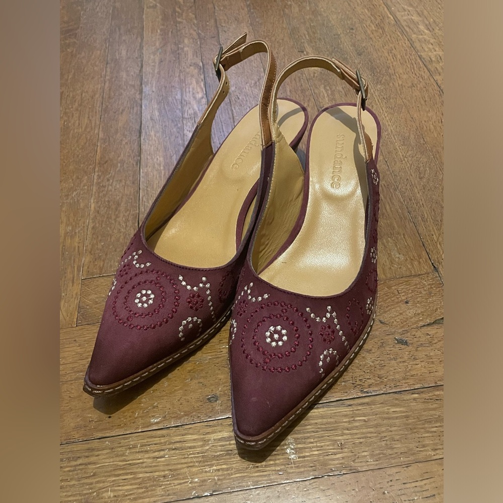 NEW Sundance Minette Slingback Nubuck Leather Embroidered Pointed Toe Red